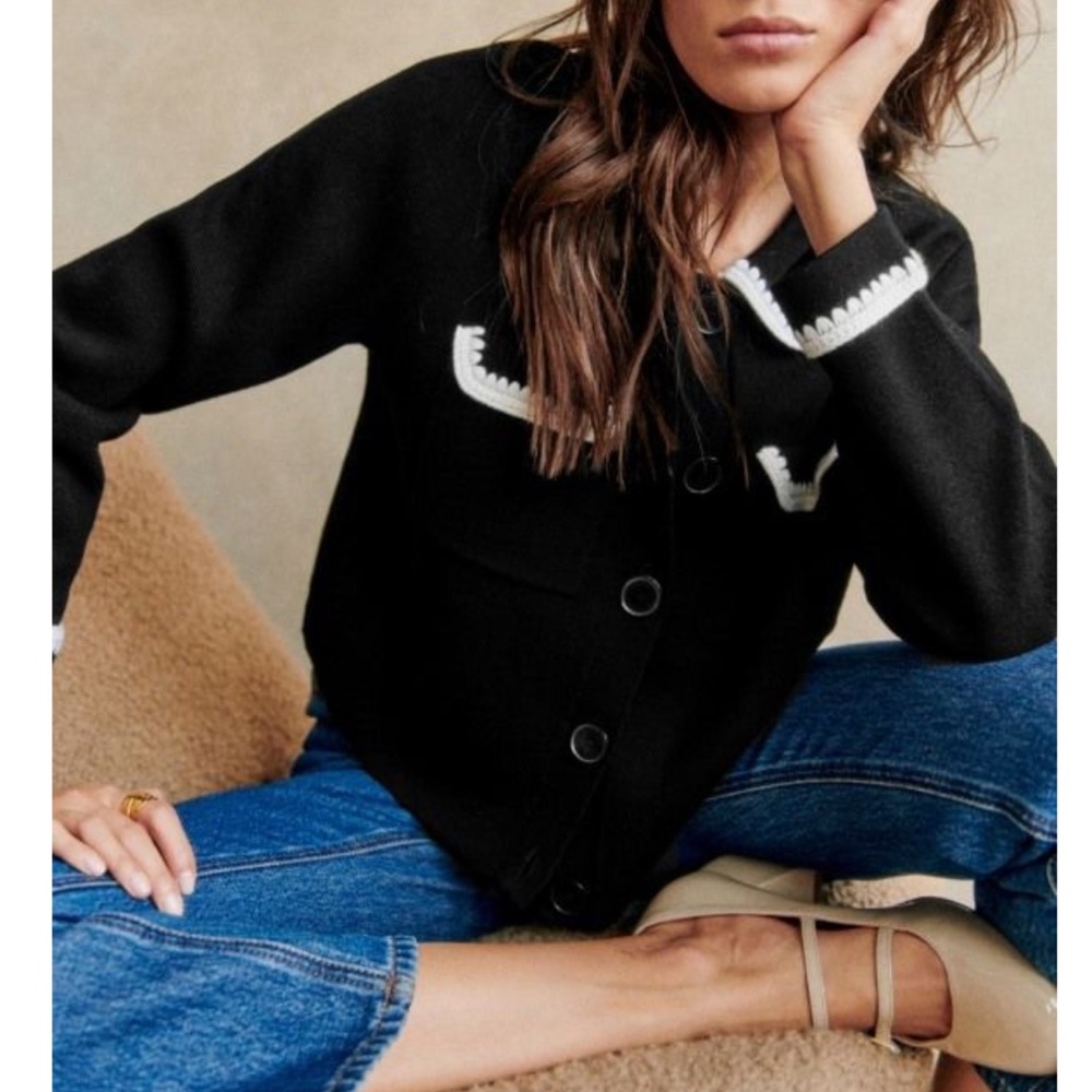 SEZANE Black Merino Wool Knit Collared Betty Cardigan w/ White Crochet Details